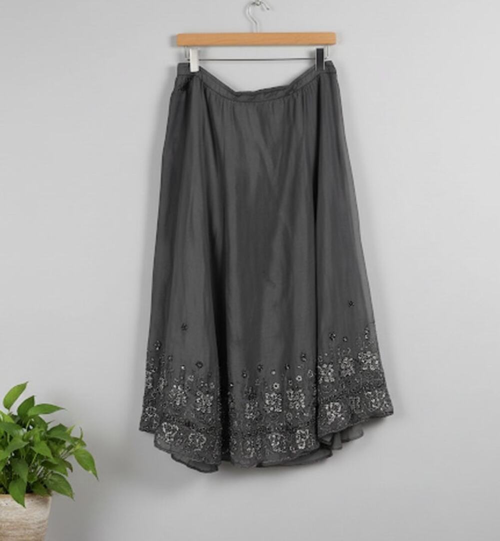 Chico's Silk Beaded Midi Skirt Pewter Gray A Line Sequins Lined Women's 2